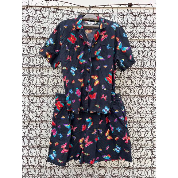 VTG Bechamel Butterfly All Over Print Button Up Blouse and Shorts Set Cotton 1X - Picture 1 of 11